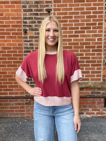 The Arlo Solid Half Sleeve Crop Top With Striped Sleeves