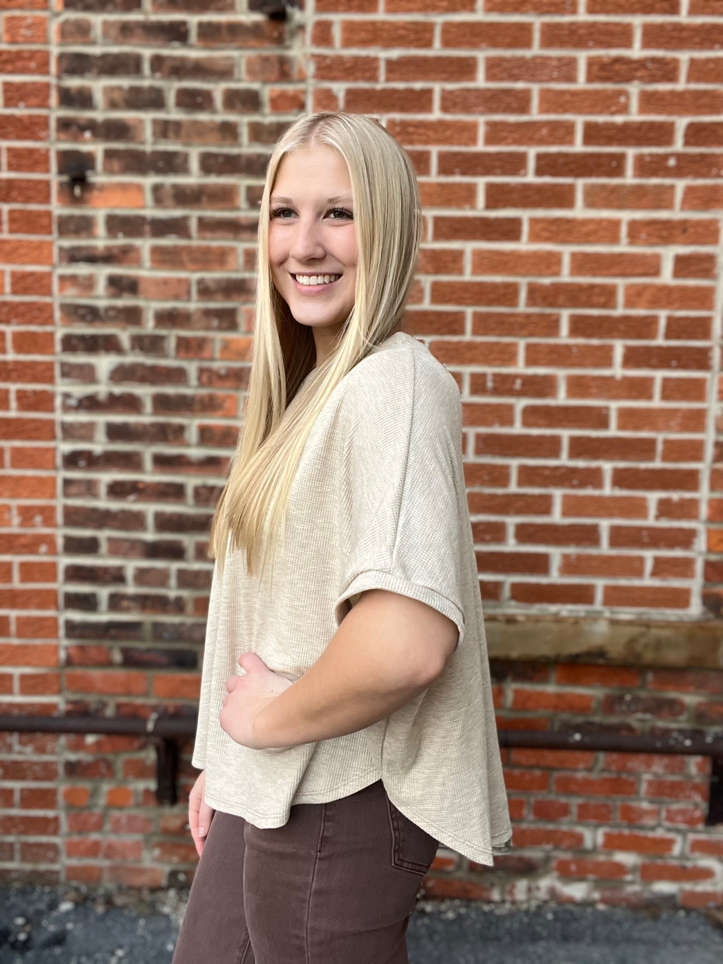 The Maris Oatmeal Dolman Short Sleeve Knit Top