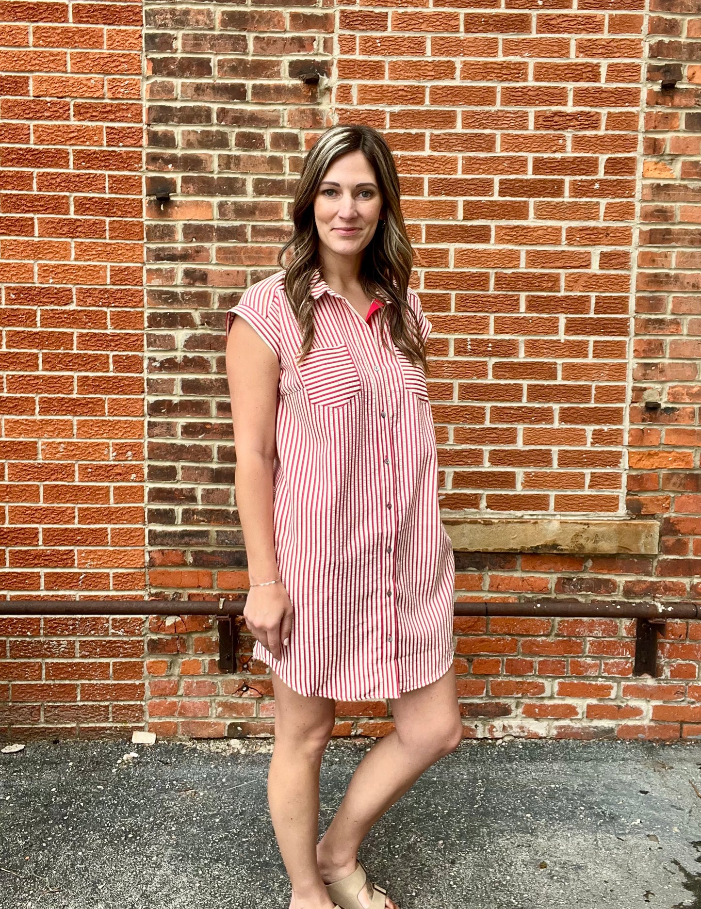 The Emery Red Striped Button Down Dress