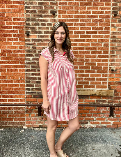 The Emery Red Striped Button Down Dress