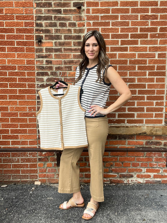 The Caspen Sleeveless Stripe Knit Button Down top