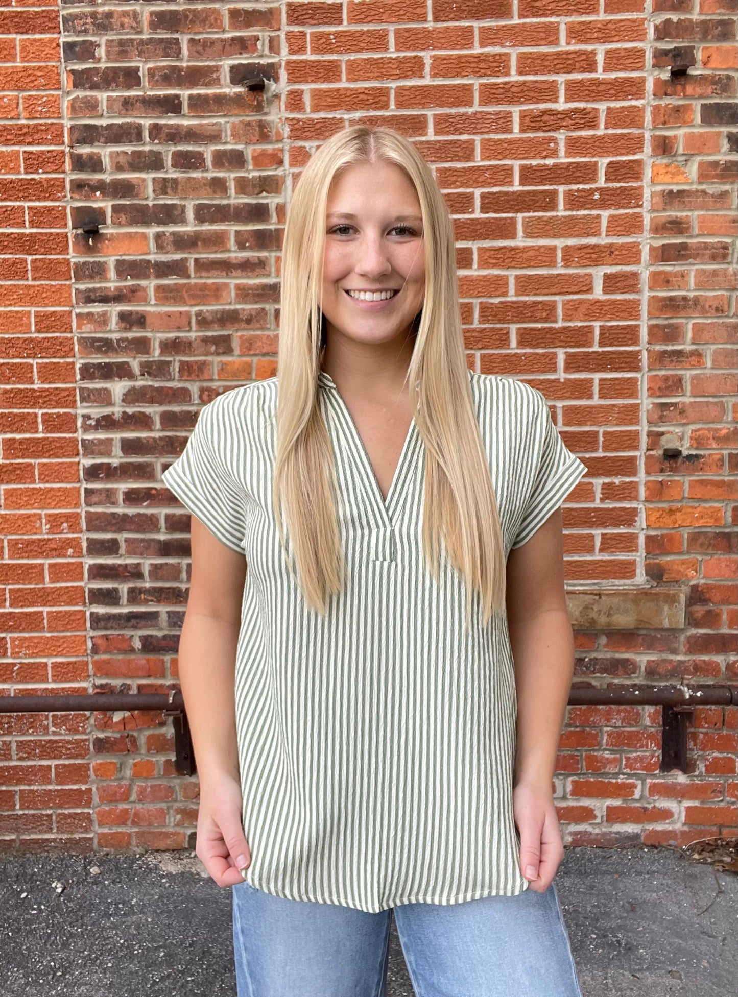 The Delaney Stripe Collared V Neckline Shirt