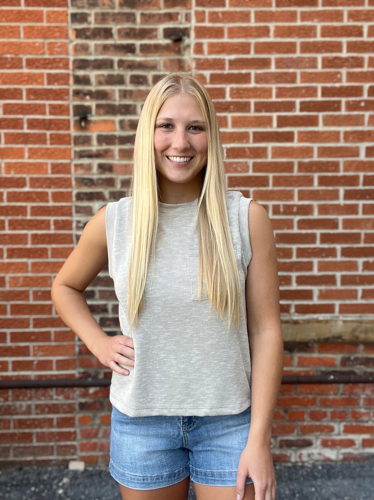 The Olivara Crew Neck Sleeveless Sand Top