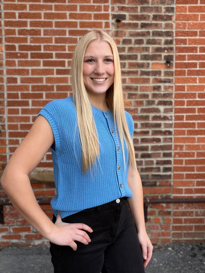 The Avis Short Sleeve Blue Knit Button Vest Top