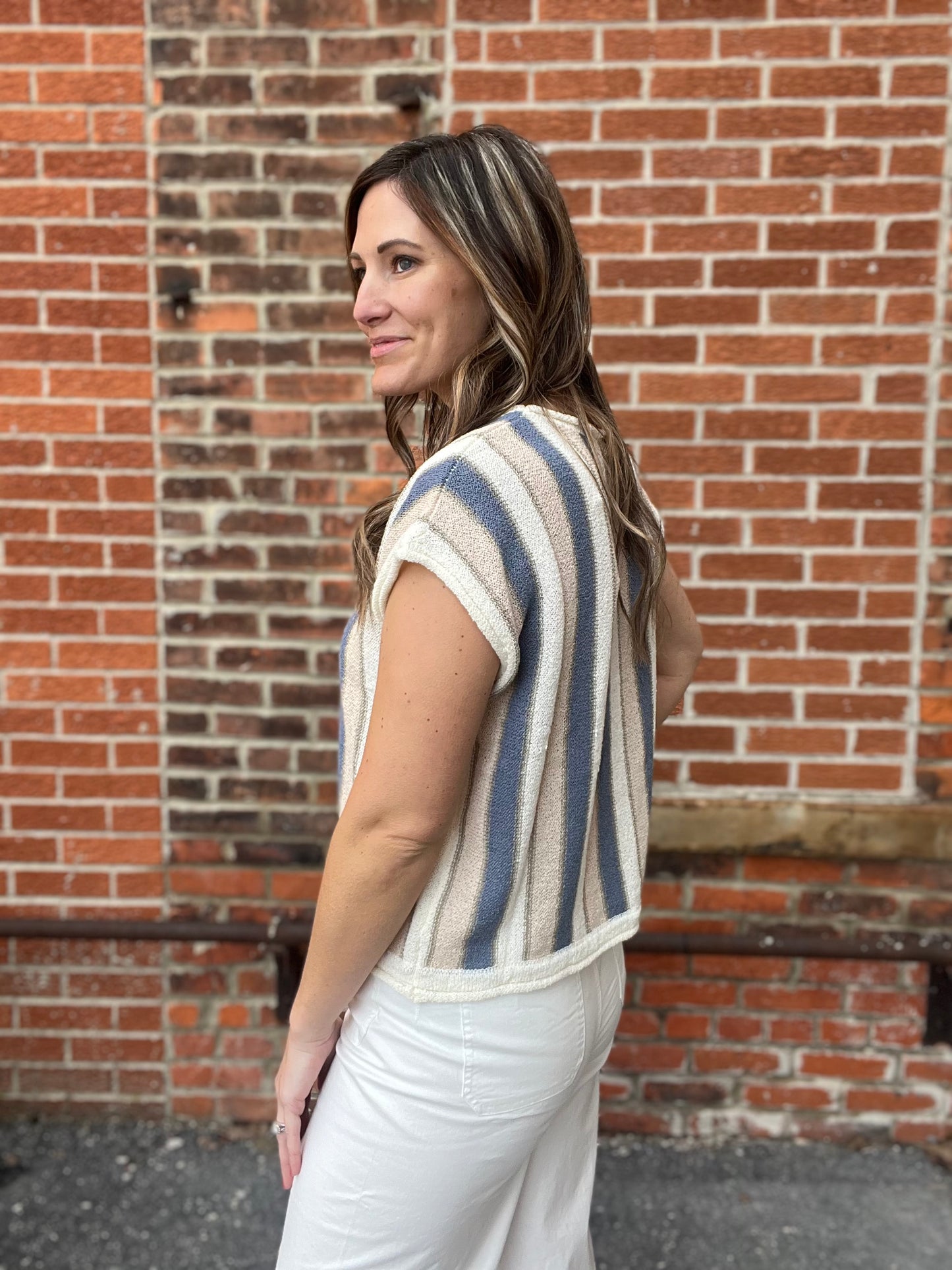 The Milla Drop Shoulder Taupe and Blue Knit Sweater Top