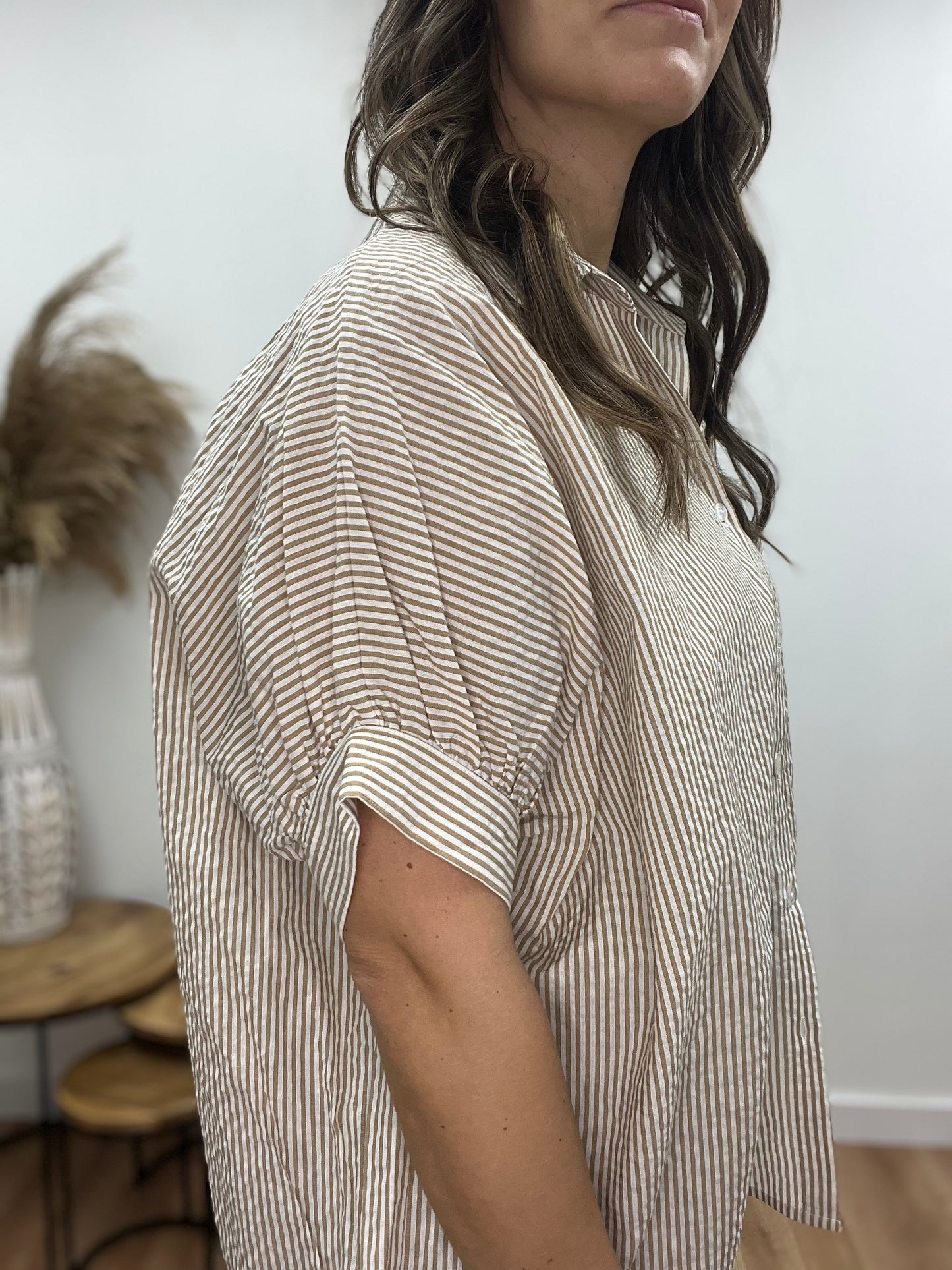 The Afton Taupe Striped Button Down