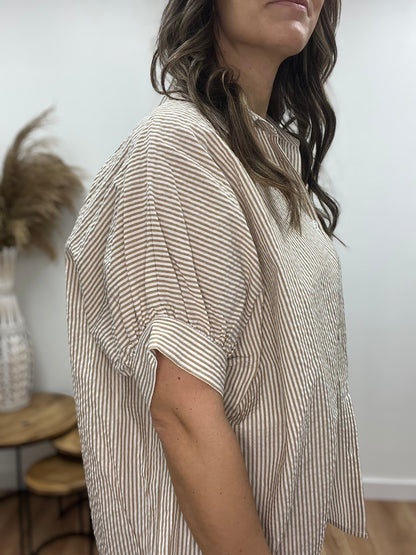 The Afton Taupe Striped Button Down