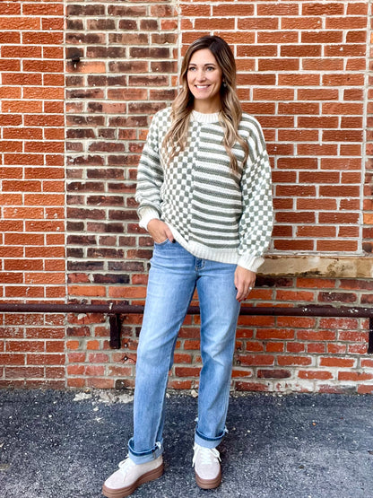 The Sherry Olive and Cream Checkered Sweater