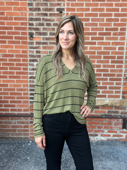 The Regie Olive Striped Long Sleeve Top