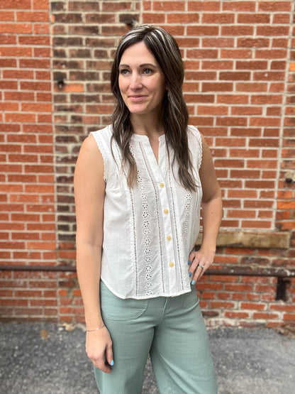 The Tess Lace Detailed Sleeveless Button Down Top