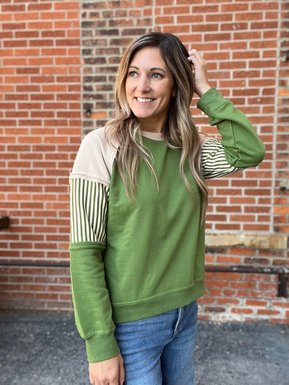 The Blaine Green and Taupe Knit top