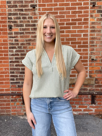 The Delaney Stripe Collared V Neckline Shirt
