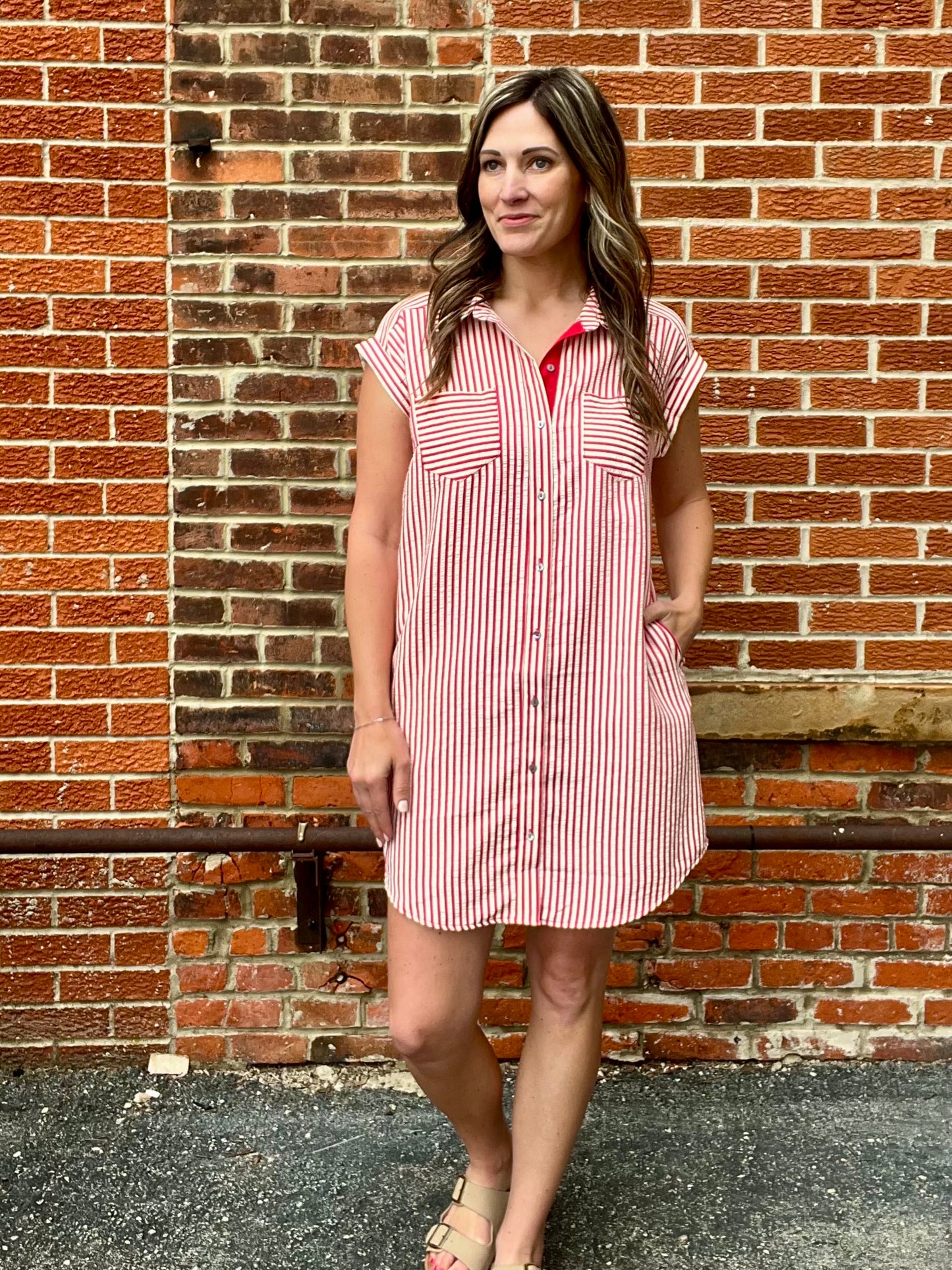 The Emery Red Striped Button Down Dress
