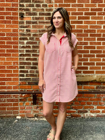 The Emery Red Striped Button Down Dress