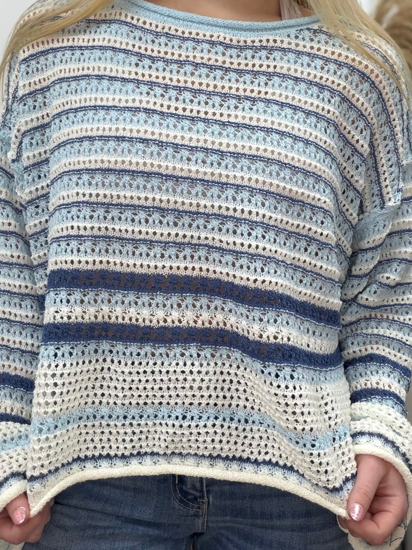 The Halley Striped Crochet Knit Long Sleeve Sweater