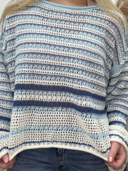 The Halley Striped Crochet Knit Long Sleeve Sweater