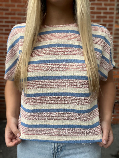 The Eira Tweed Textured Striped Crop Knit Top