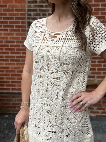 The Isla Ivory Crochet Floral Mini Dress