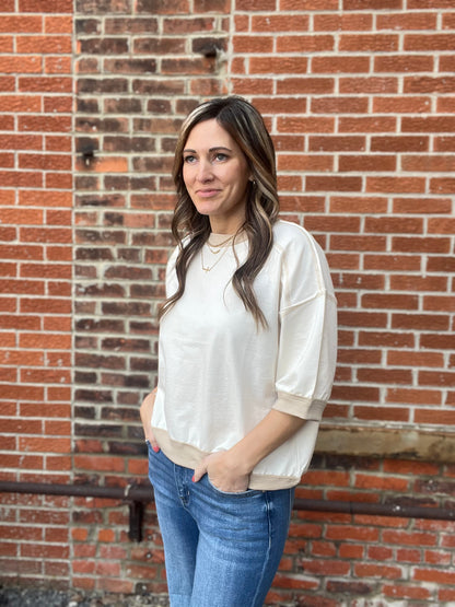 The Sable Cream Contrast Stitch Raglan top