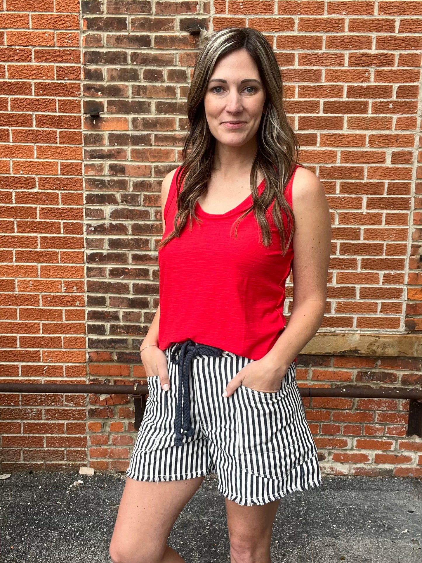 The Dara Mineral Wash Rope Belt Striped Shorts