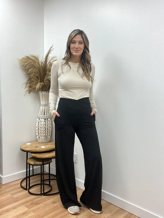 The Braelynn Recycled Butter Soft Black Wide Band Pants