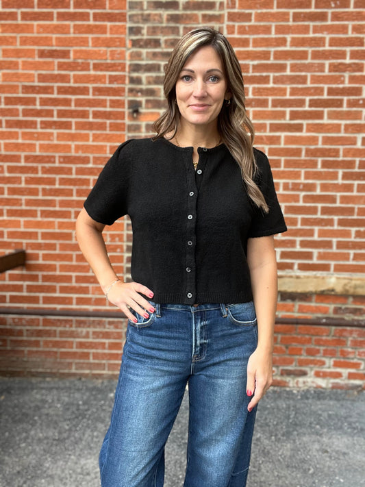 The Leslie Short Sleeve Puff Sweater Cardigan