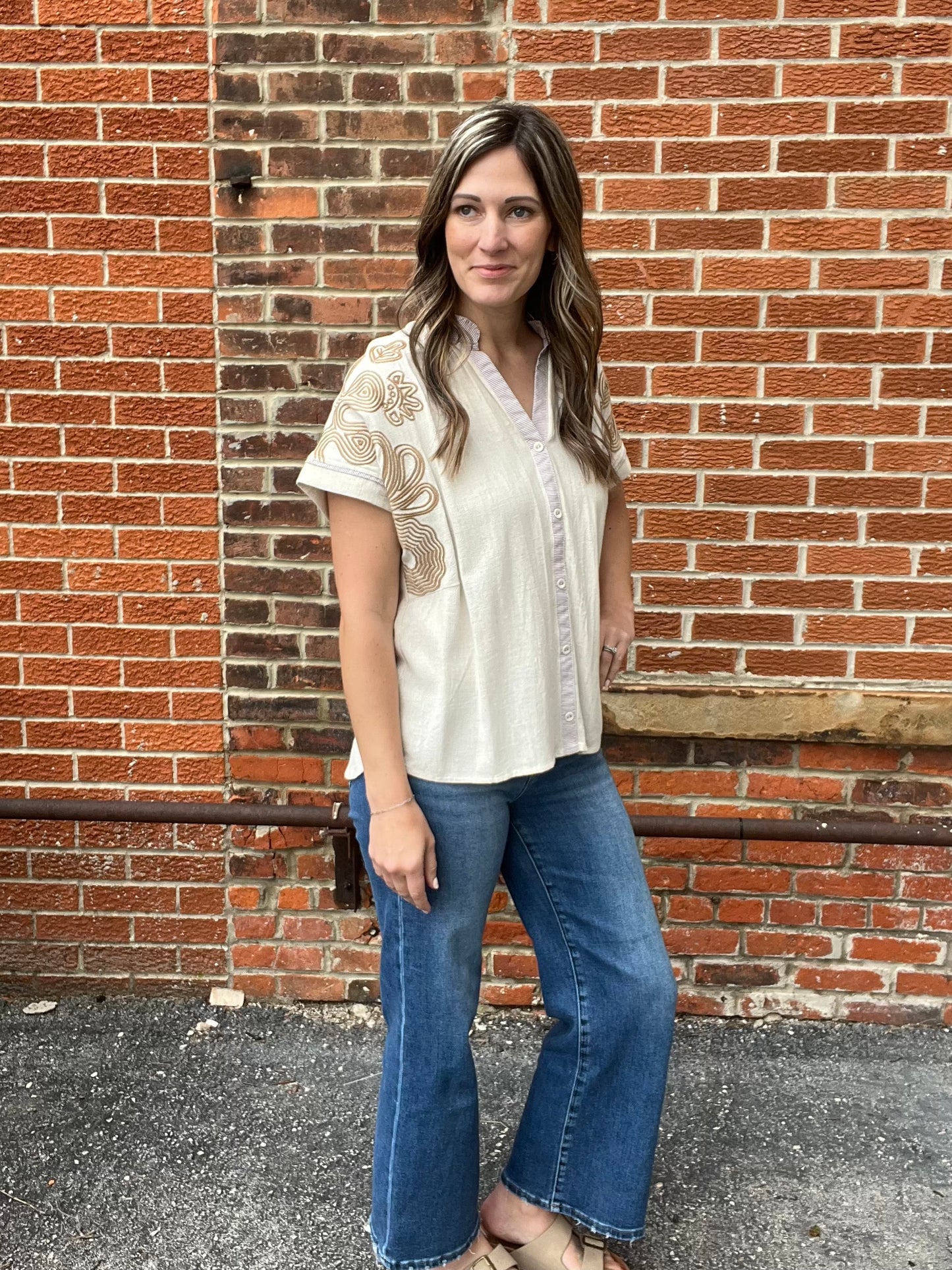 The Addisin Linen Embroidered Short Sleeve Top