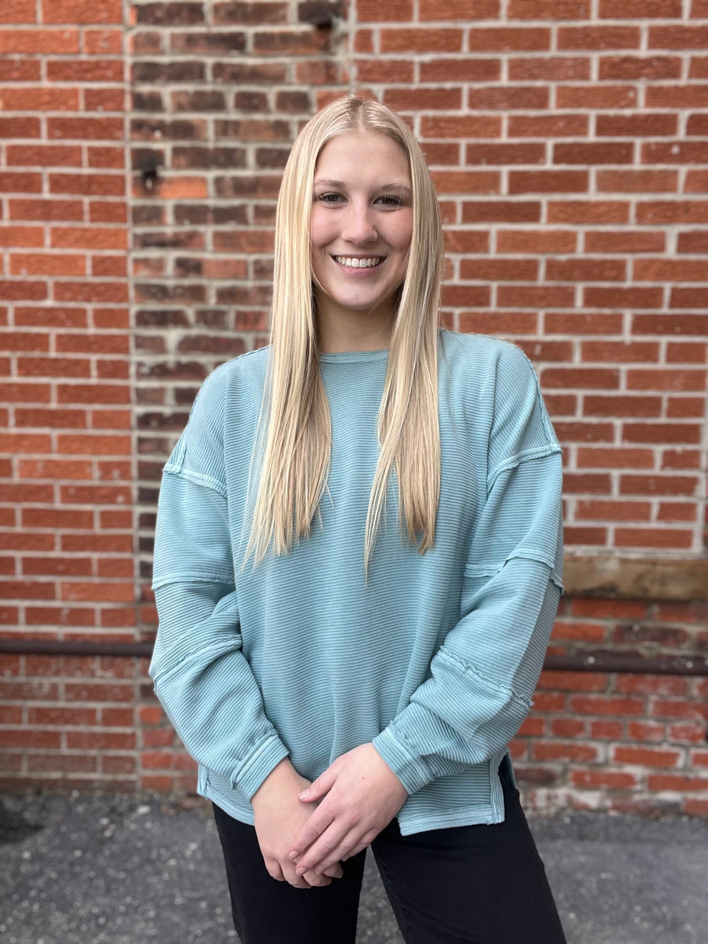 The Soren Dusty Blue Exposed Seam Knit Top