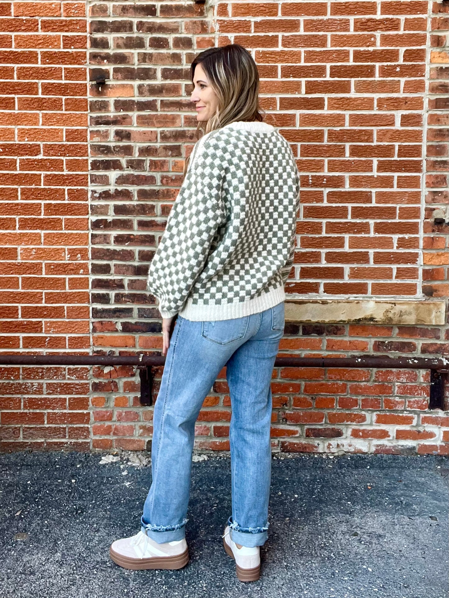 The Sherry Olive and Cream Checkered Sweater