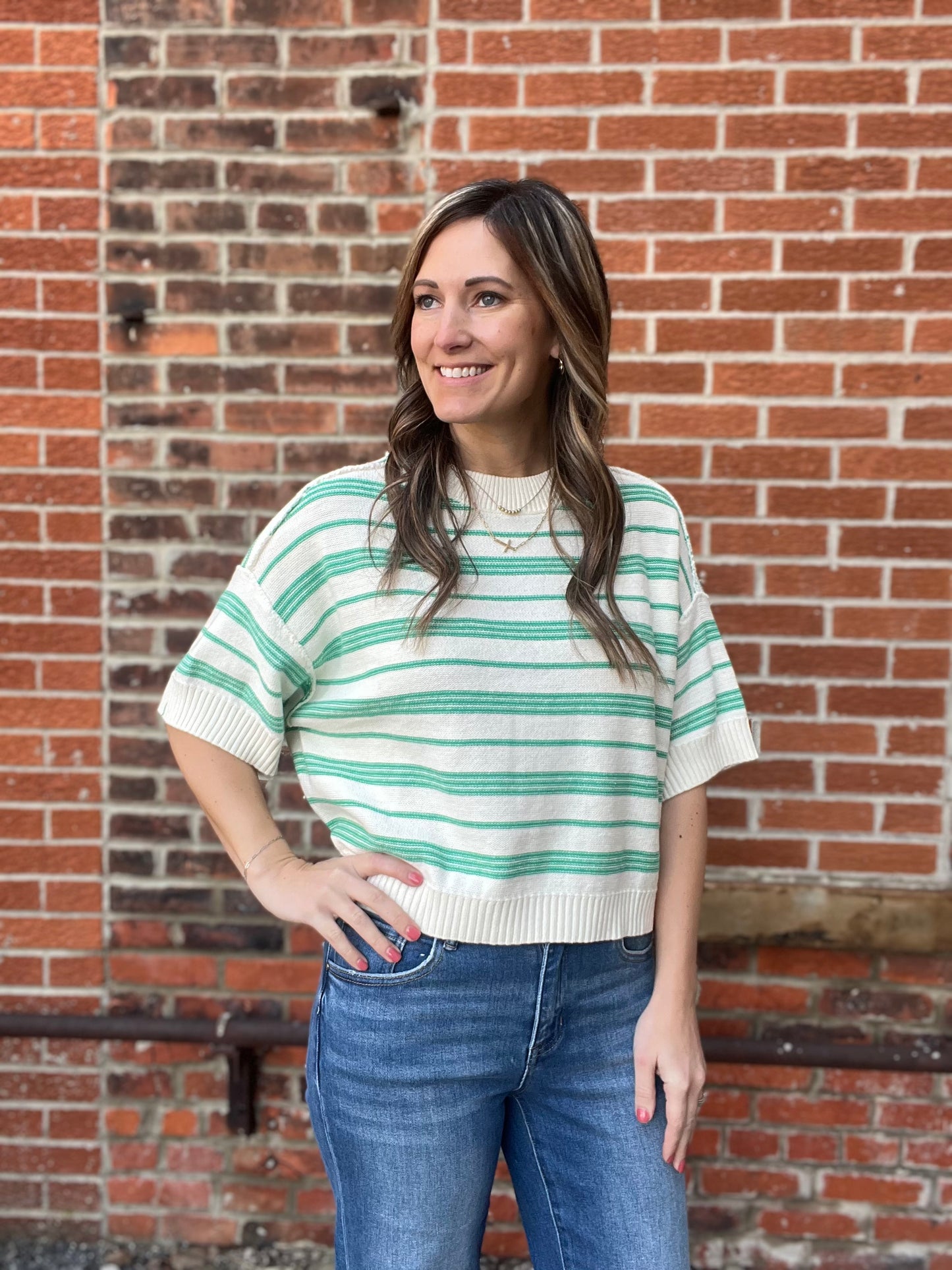 The Mella Drop Sleeve Knit Striped Green Top