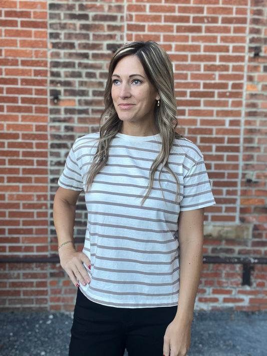 The Jalen Ivory and Mocha Stripped Short Sleeve