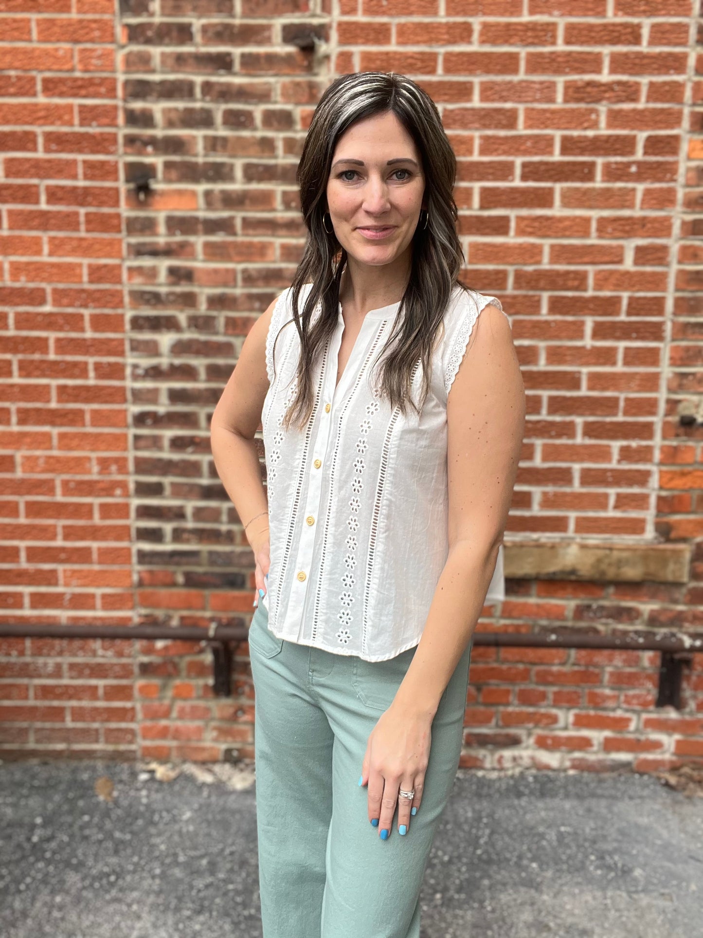 The Tess Lace Detailed Sleeveless Button Down Top
