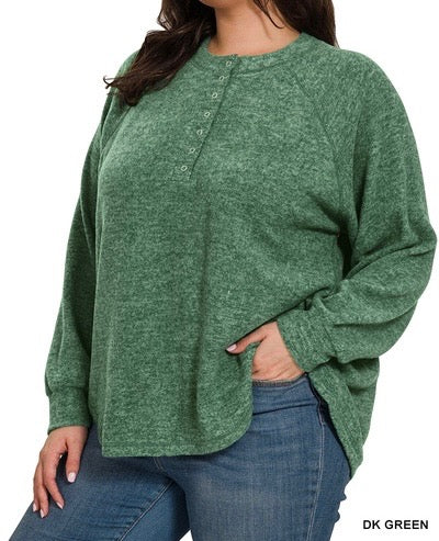 The Aster Curvy Brushed Melange Hacci Oversized Button Henley Top