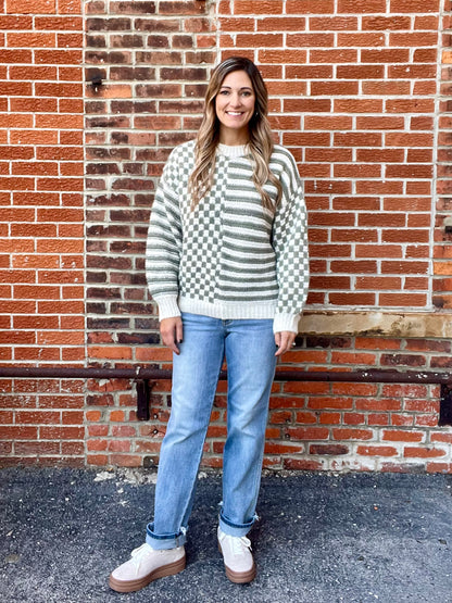 The Sherry Olive and Cream Checkered Sweater