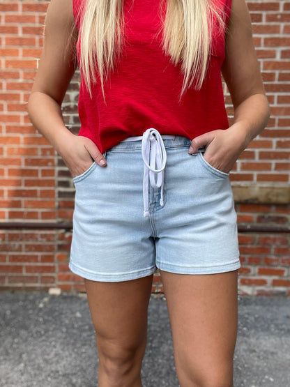The Lana Light Denim Slouchy Tie Front Shorts