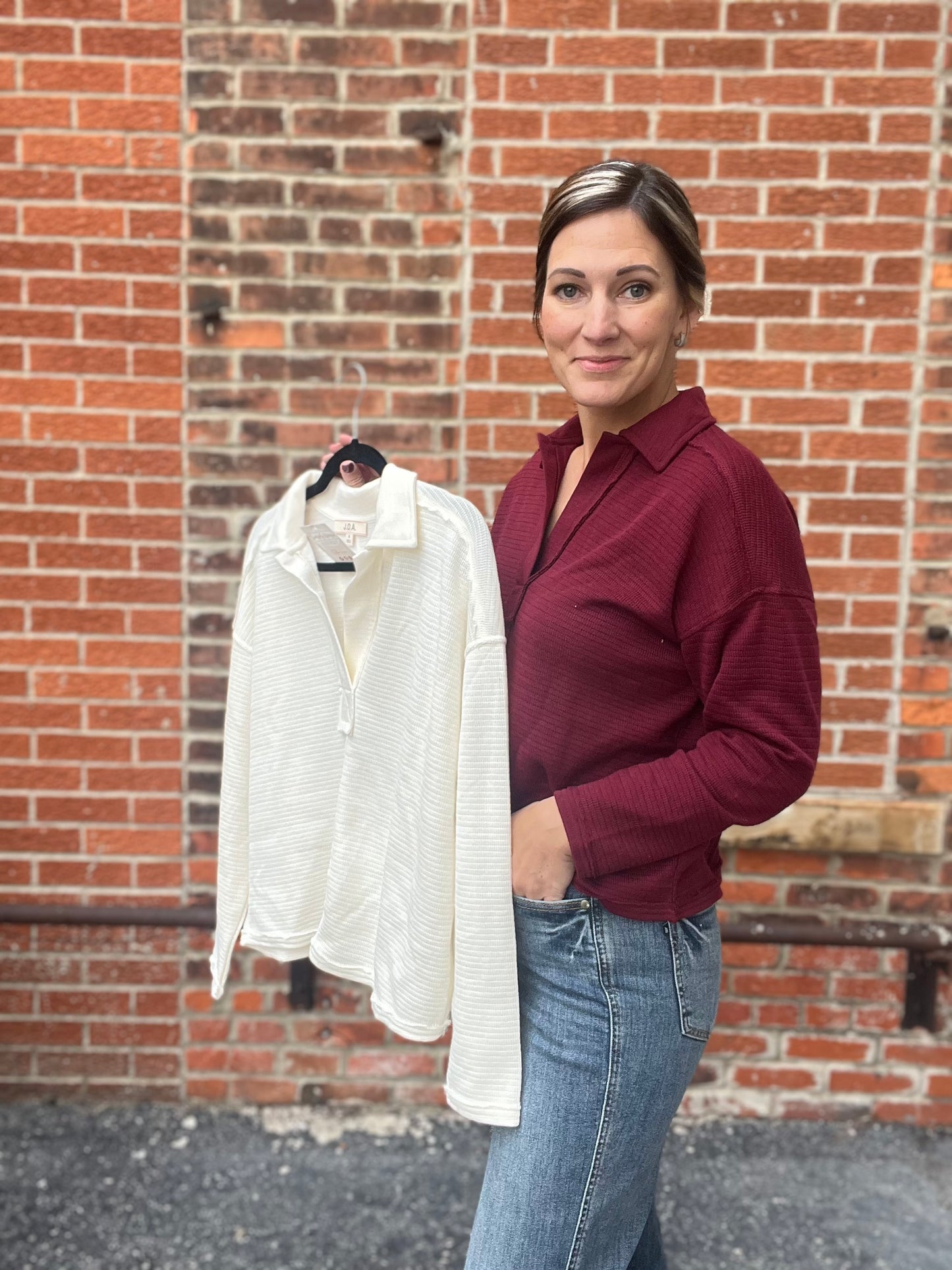 The Emryn Long Sleeve Textured Knit Polo