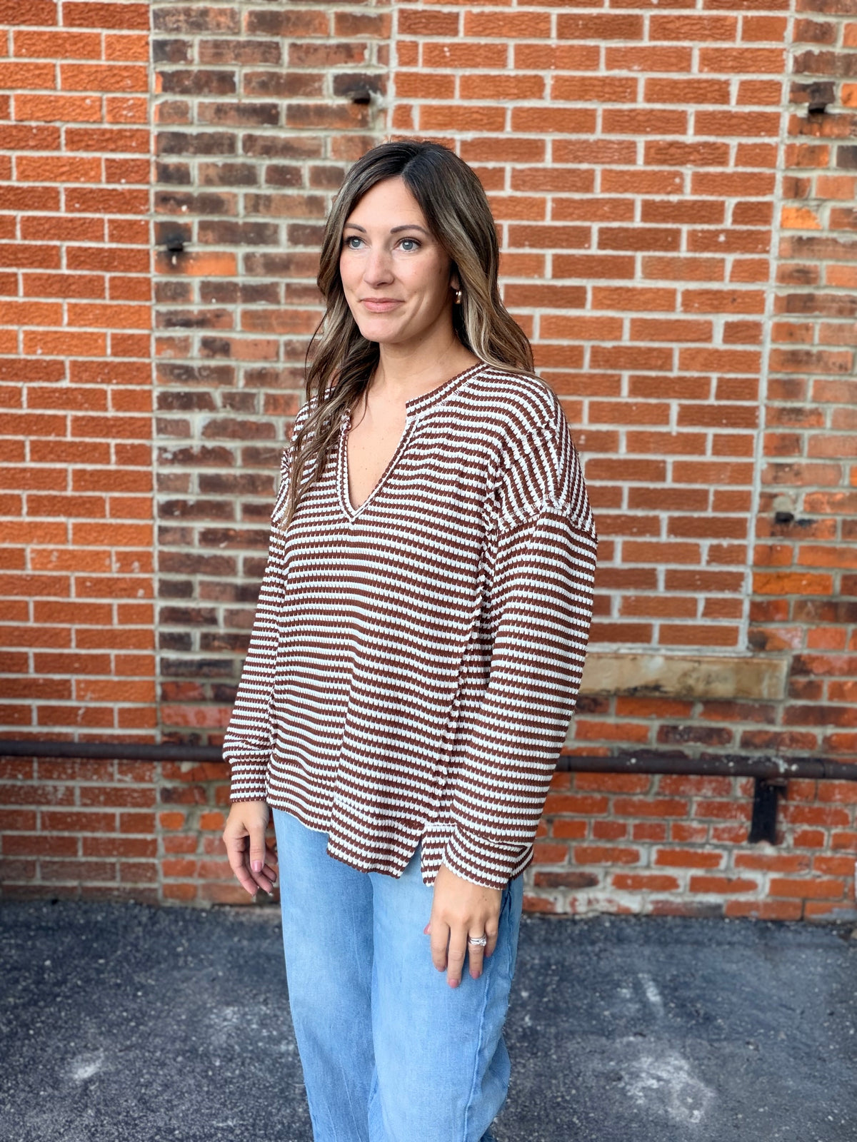 The Kaysen Stripe Split Neck Long Sleeve Knit Top