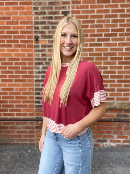 The Arlo Solid Half Sleeve Crop Top With Striped Sleeves