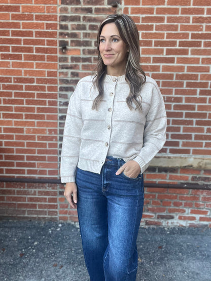 The Andi Oatmeal Stripe Button Down Cardigan