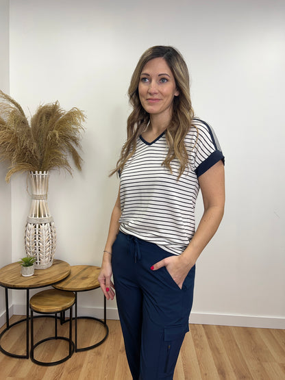 The Gilliam Navy Striped Short Sleeve Top