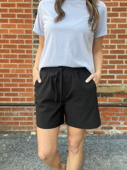 The Elowen Black And Khaki Elastic Waist Shorts
