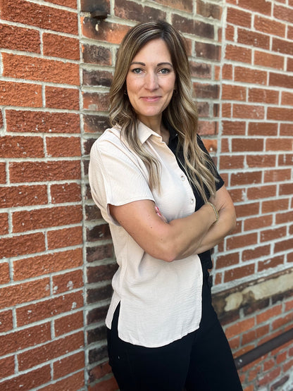 The Evra Black and Beige Button Up