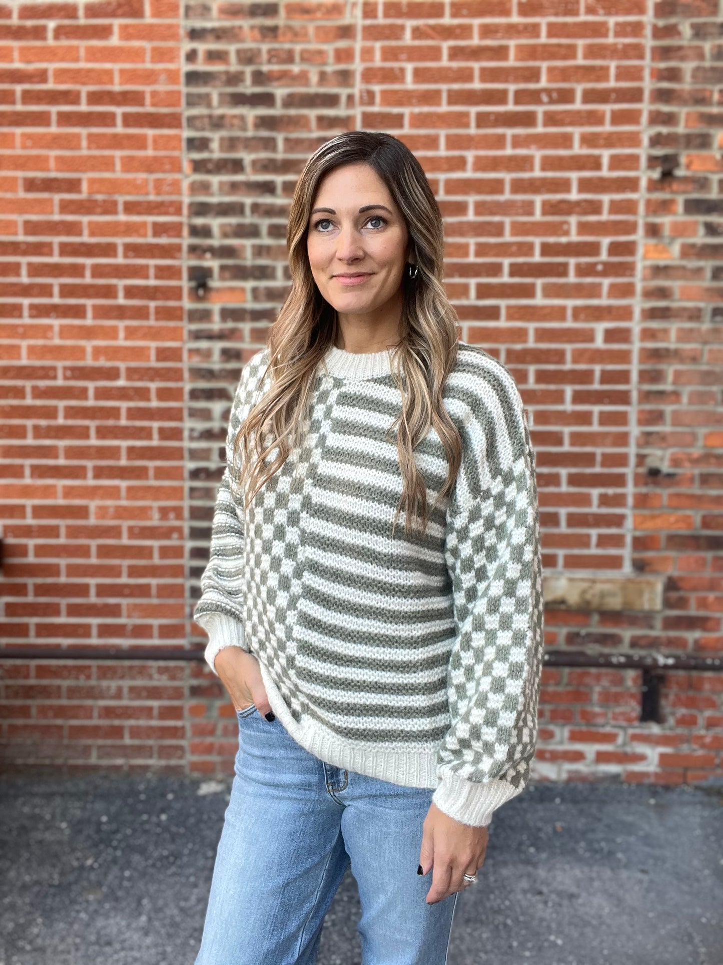 The Sherry Olive and Cream Checkered Sweater