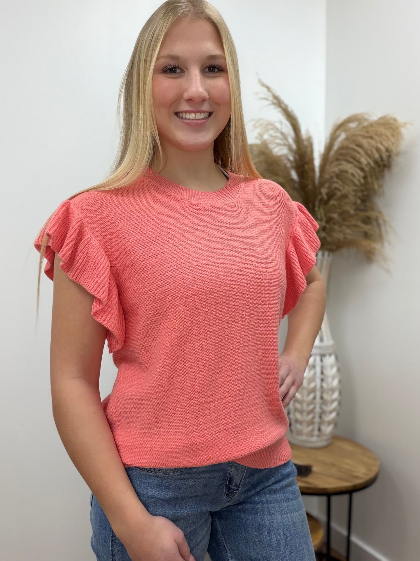 The Isla Coral Ruffle Sleeve Knit Top