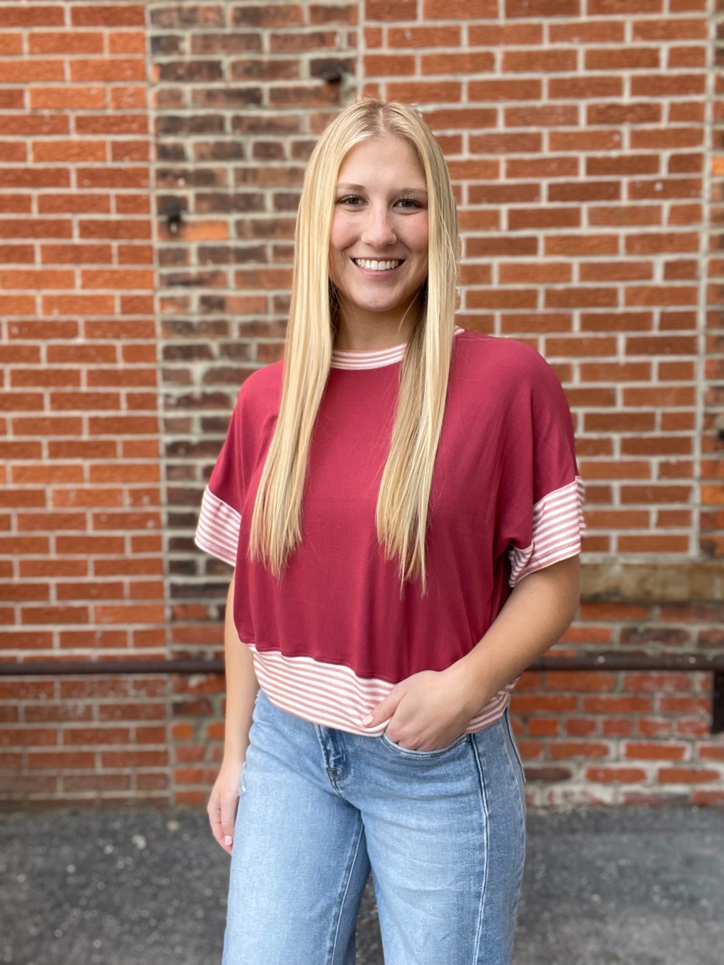 The Arlo Solid Half Sleeve Crop Top With Striped Sleeves