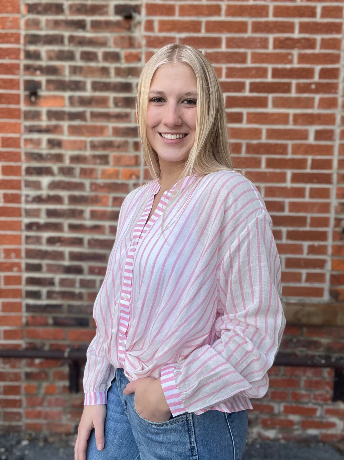 The Marlowe Twist Front Striped High Low Top