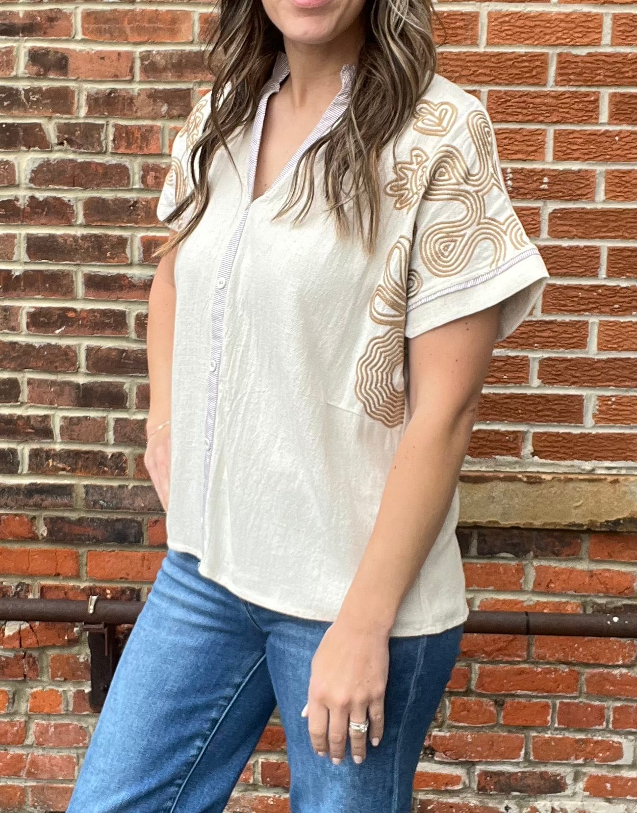 The Addisin Linen Embroidered Short Sleeve Top