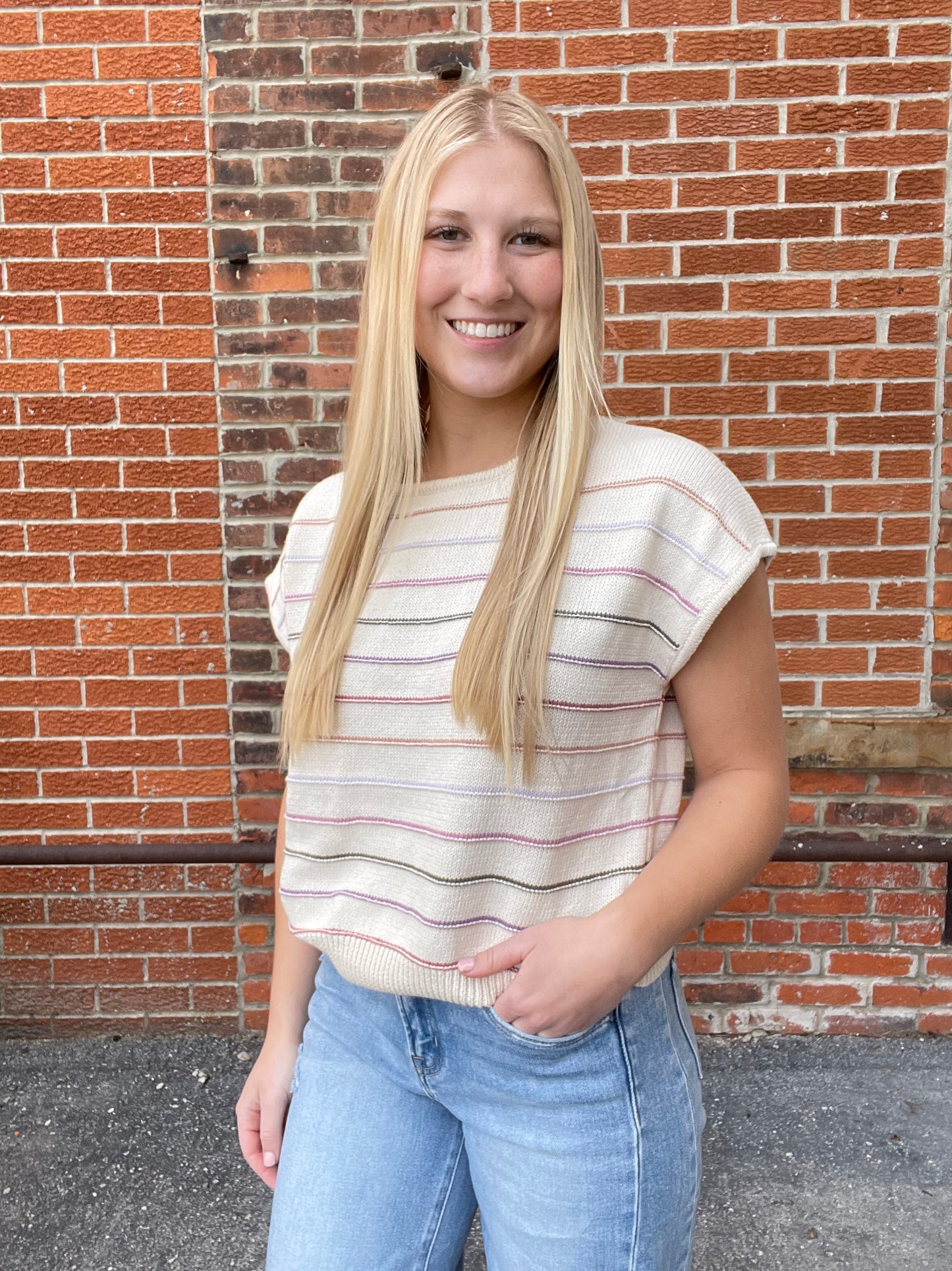 The Brielle Multi Color Striped Cap Sleeve Sweater Top