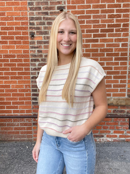 The Brielle Multi Color Striped Cap Sleeve Sweater Top