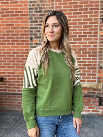 The Blaine Green and Taupe Knit top